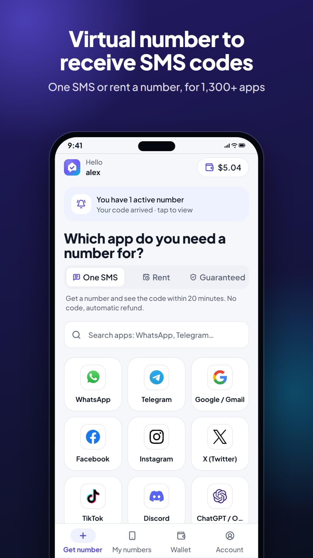 Virtual Number app: pick the app you need a number for
